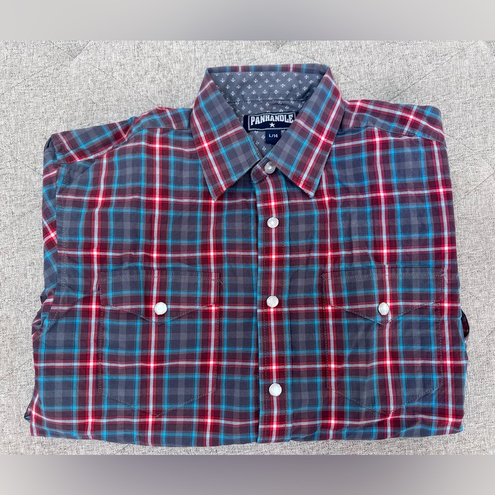PANHANDLE SNAP UP PLAID SHIRT LONG SLEEVE SIZE 14 large snap western